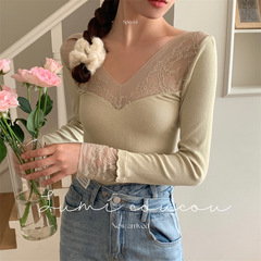 New Autumn/Winter Slimming V-Neck Lace Warm Innerwear Set (Top and Bottom) Seamless Hollowed Out Base Layer