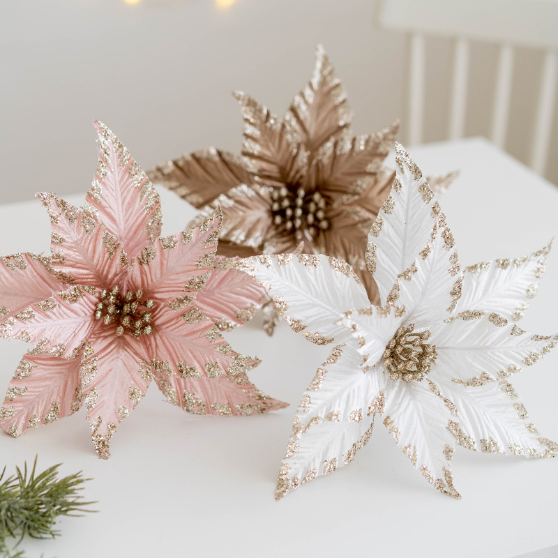 Adornos navideños de tela, flores doradas y plateadas para decoración de árbol