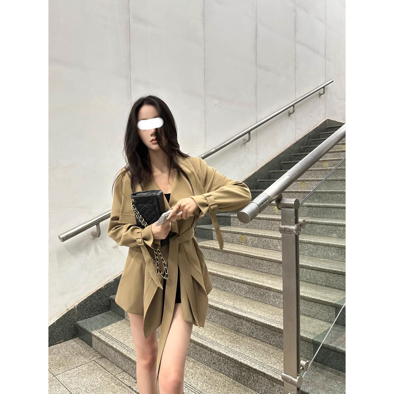 5werkwen 北川景子古早风衣 荷叶领短款大翻领风衣外套气质大衣|undefined