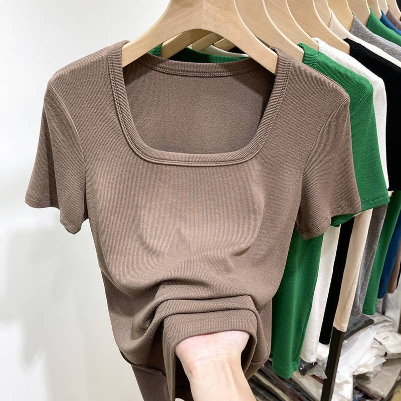 Plus Size Square Neck Short-Sleeved Shirt Women's Slightly Fat 2025 Summer New Low-Cut Exposed Collarbone Threaded T-Shirt Collar Top