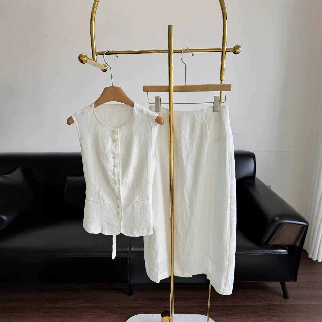 Летний женский льняной костюм в стиле old money, 25ss, модный повседневный костюм, заказ отдельно 250627