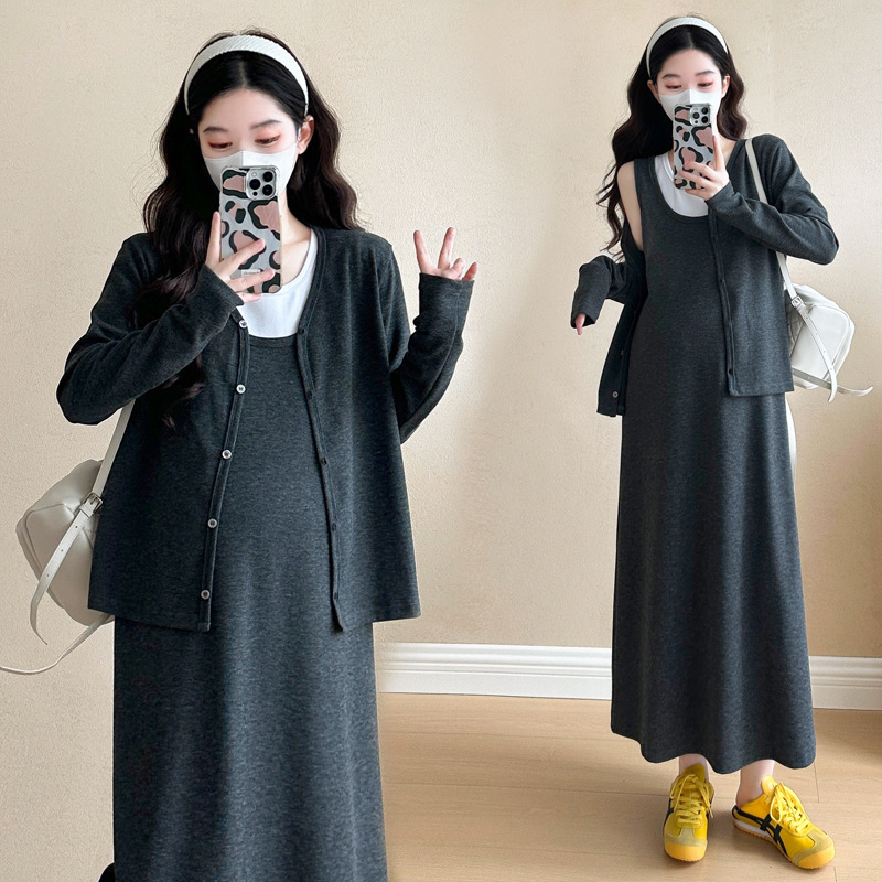 Maternity Wear Long-Sleeved Cardigan Top Autum Vest Dress Spring and Autum New Two-Piece Dress Suit Maternity Skirt