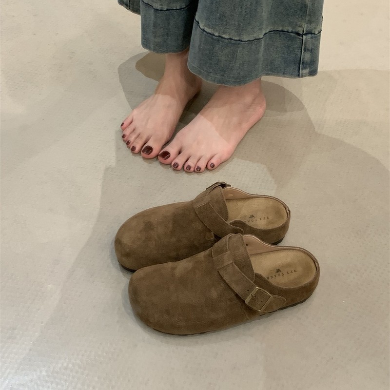法式深口磨砂勃肯鞋女厚底半拖秋冬新款一脚蹬懒人包头套脚鞋|undefined