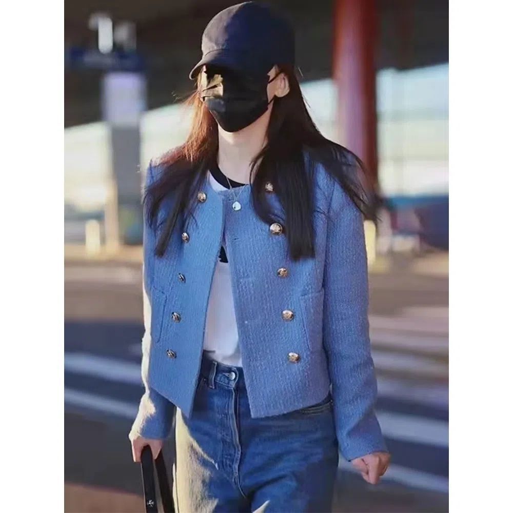 2025 Spring and Autumn New Fashion Casual Chanel-Style Jacket for Women, Spring and Autumn Blue French Tweed Short Top