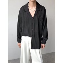 系克莱因蓝衬衫男士垂感古巴领宽松衬衣夏季防晒上衣服一件代发