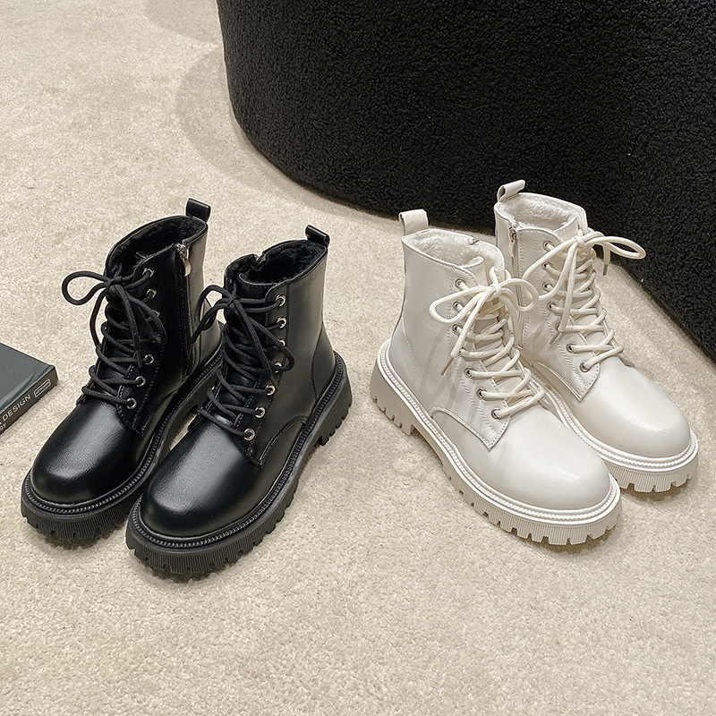 여성용 마틴 부츠 2025 새로운 가을 겨울 두꺼운 밑창 플러스 벨벳 따뜻한 캐주얼 패션 영국 스타일 짧은 부츠 겨울 면 부츠