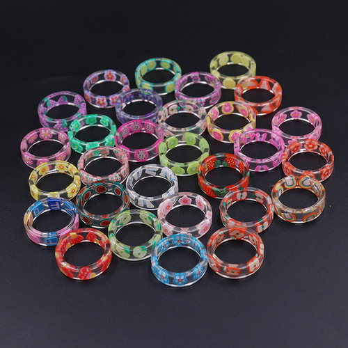  Fruit Strawberry Resin Soft Clay Cartoon Ring Colorful Cute Transparent Small Ring Sakura Petal Women’s Ring