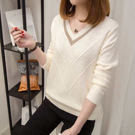 跨境针织毛衣女镂空宽松春秋打底衫内搭短款长袖上衣v领毛衣外穿