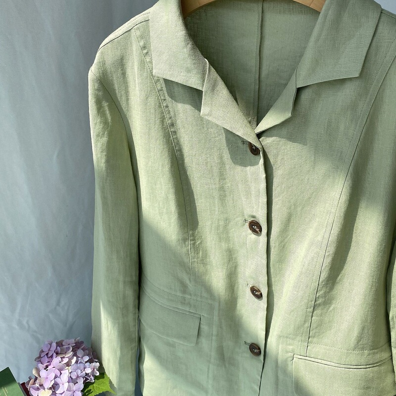 French-Style Elegance: Serene Sage Green Solid Color Linen Casual Blazer