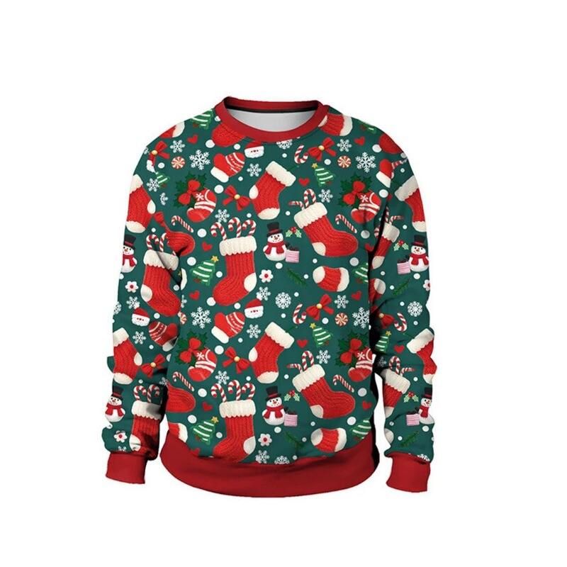 Christmas Couple Sweatshirt Autumn Pink Christmas Tree Red Socks Santa Claus Cos Print Casual Round Neck Top