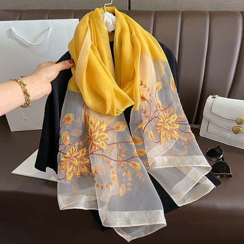 New fashionable silk wool scarf for women in winter, Korean version, versatile embroidered shawl, high-end scarf, printed gauze scarf