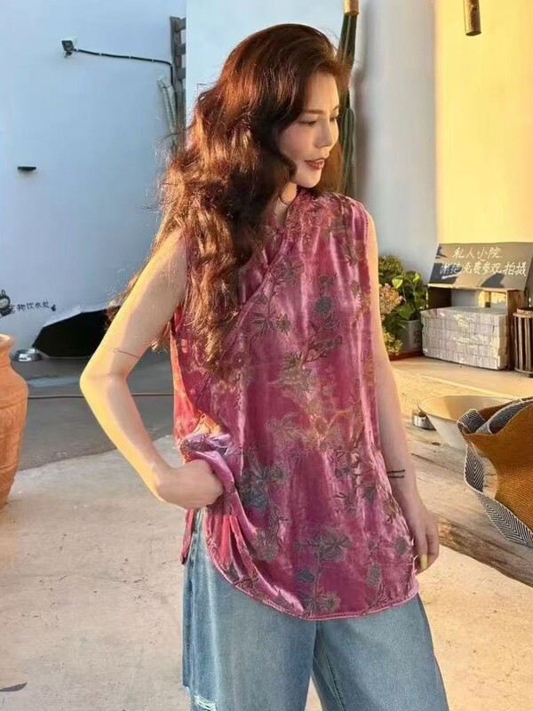 新中式国风丝绒烧花侧开叉轻奢上衣女2025复古奥黛旗袍绝美|undefined