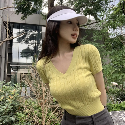 V-neck twist short-sleeved knitted T-shirt women's clothing summer design niche slim slimming hot girl short chic top