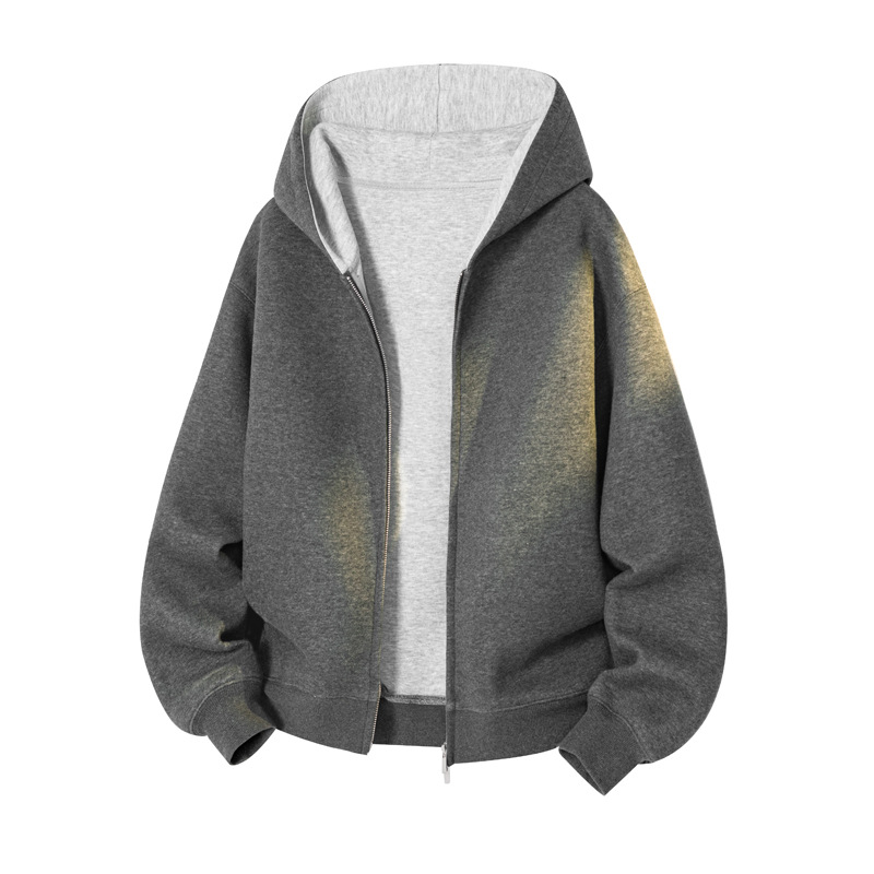 430 g schwerer Patchwork-Cardigan mit Kapuze, Herren-Stil, amerikanischer Trend, kastenförmig, kurz, Oversized, lässige Jacke_voghion.com