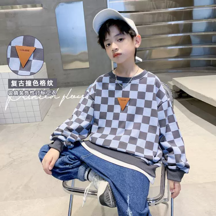 Children's Sweatshirt (SNC-J) Checkerboard Retro Thin Spring–Autumn, Boys 110–170 cm