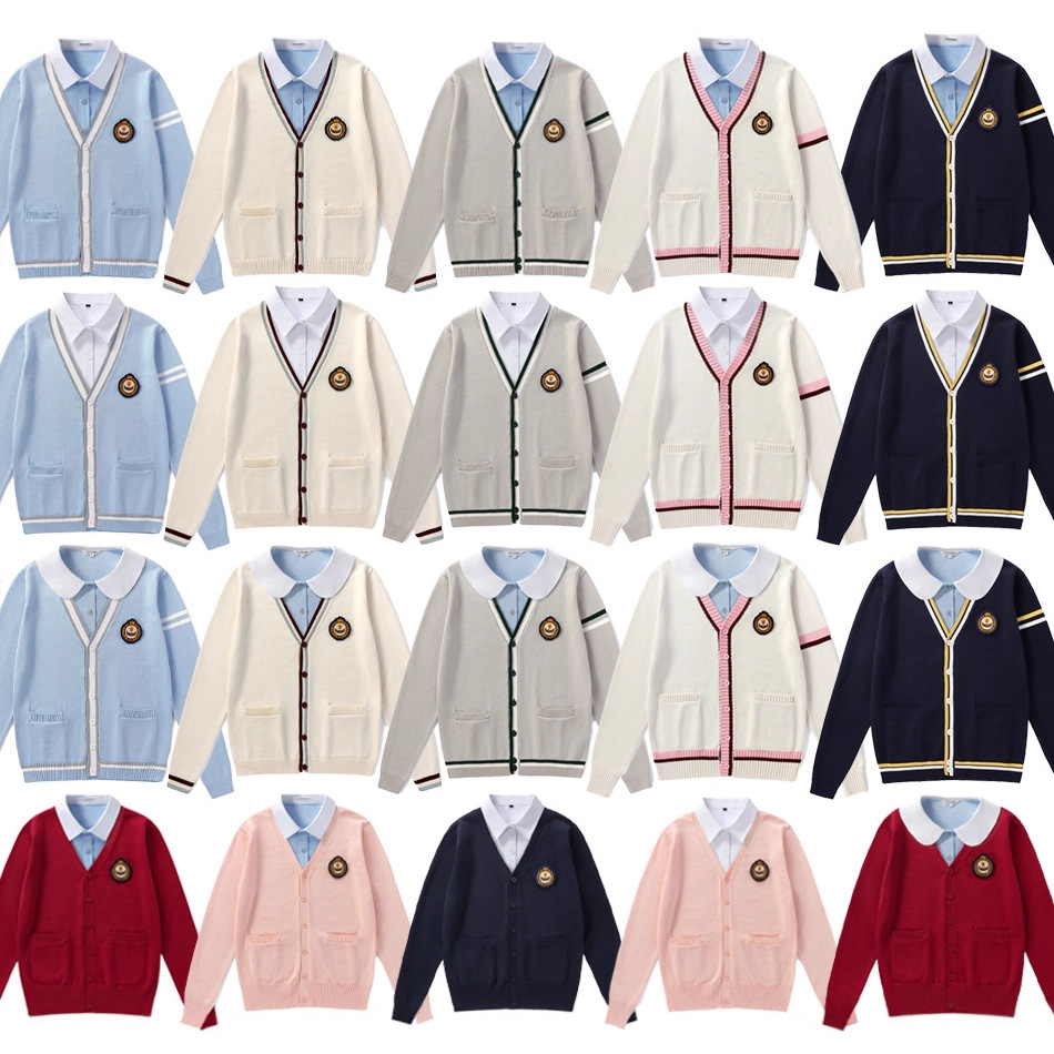 现货可做LOGO班校园服针织毛衣开衫长袖衬衫情侣JK制服女V领外套