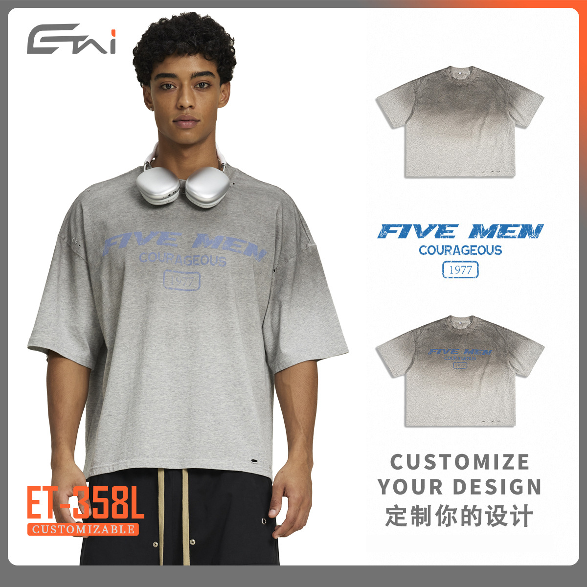 ETAI Hombre| Algodón de alta calidad para hacer viejas camisetas gradientes de moda para hombres adolescentes estilo callejero pesado corto ancho camisetas