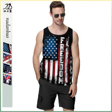 复古男士背心圆领套头衫短袖上衣美国独立日印花超大号 街头服装