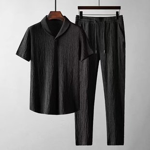 2024 Summer New Style Casual Sports suit Men's Trendy Pleated Thin Pants Two-piece Set with Shade Collar and Short Sleeve