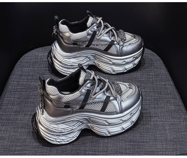 Giày sneaker nữ chunky đế dày phong cách Hàn Quốc, đính đá thời trang, phù hợp người thấp bé — M2803 màu xám, M2803 màu be chi tiết 14