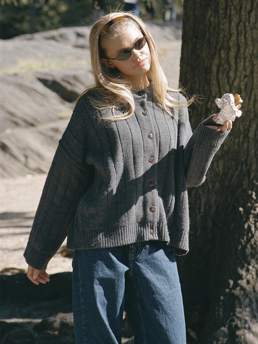 Cardigan suelto transfronterizo otoño-invierno 2025, cardigan de cuello redondo, cardigan de punto de estilo europeo y americano para mujeres