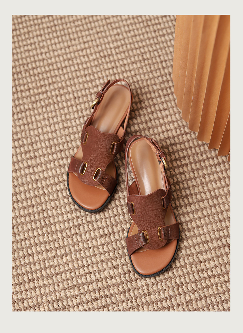 Sandal La Mã cổ điển hở mũi quai khóa gót dày nữ — Màu nâu chi tiết 9