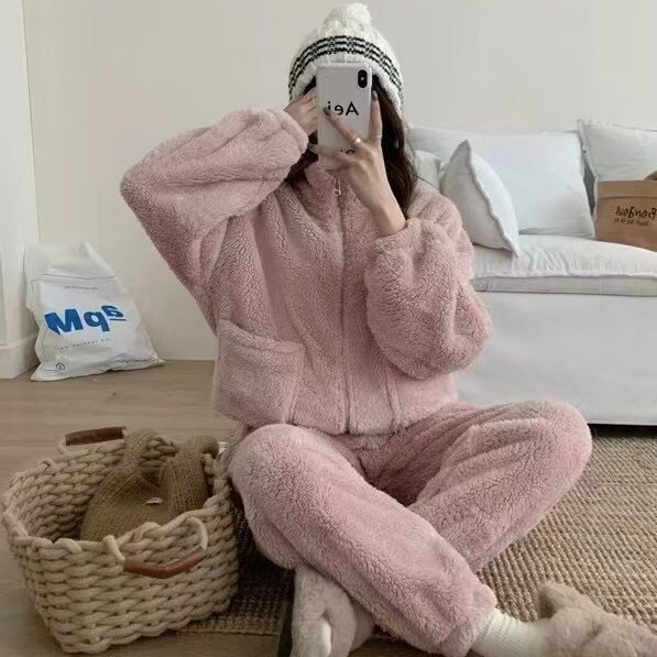 Coral Velvet Double-Sided Thickeneded Women's Home Clothes Women's Autumn and Winter 5 New Loose Warm Small Zipper Pajamas Set