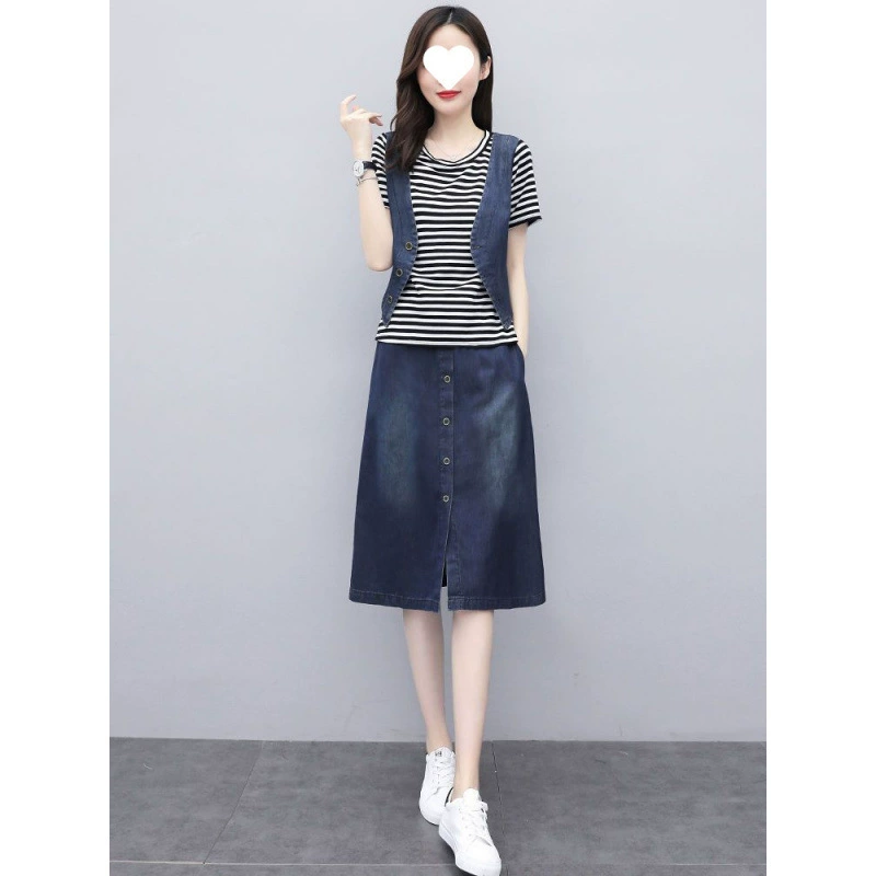 Летний новый повседневный модный женский комплект из двух предметов: облегающий жилет и юбка в западном стиле, джинсовый костюм