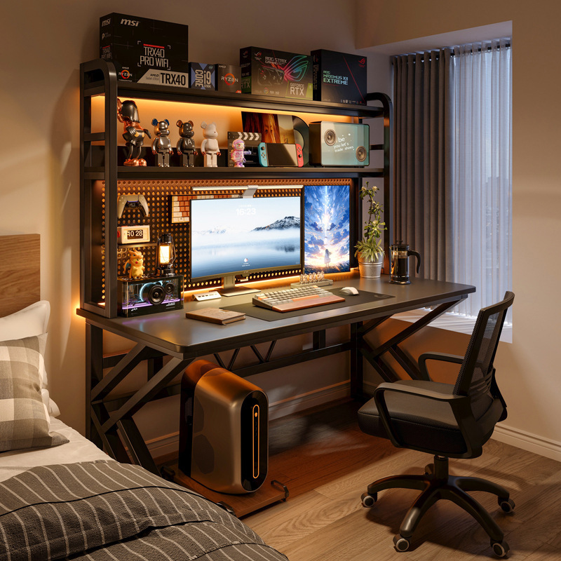 Desktop Computer Table Bedroom Home Desk Bookshelf Integrated Table Office Desk Hole Board E-Sports Table and Chair Set