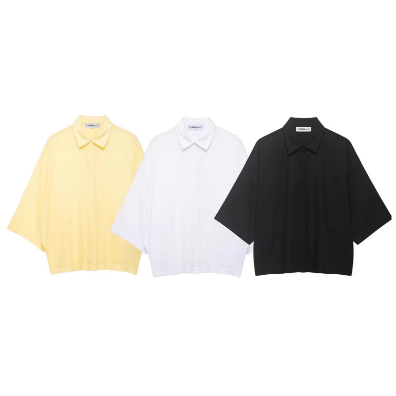 New Spring/Summer Women's Fashion Single-Breasted Multi-Button Pleated Decorative Over-Elbow Sleeve Turn-Down Collar Drapey Loose Shirt Top Trendy
