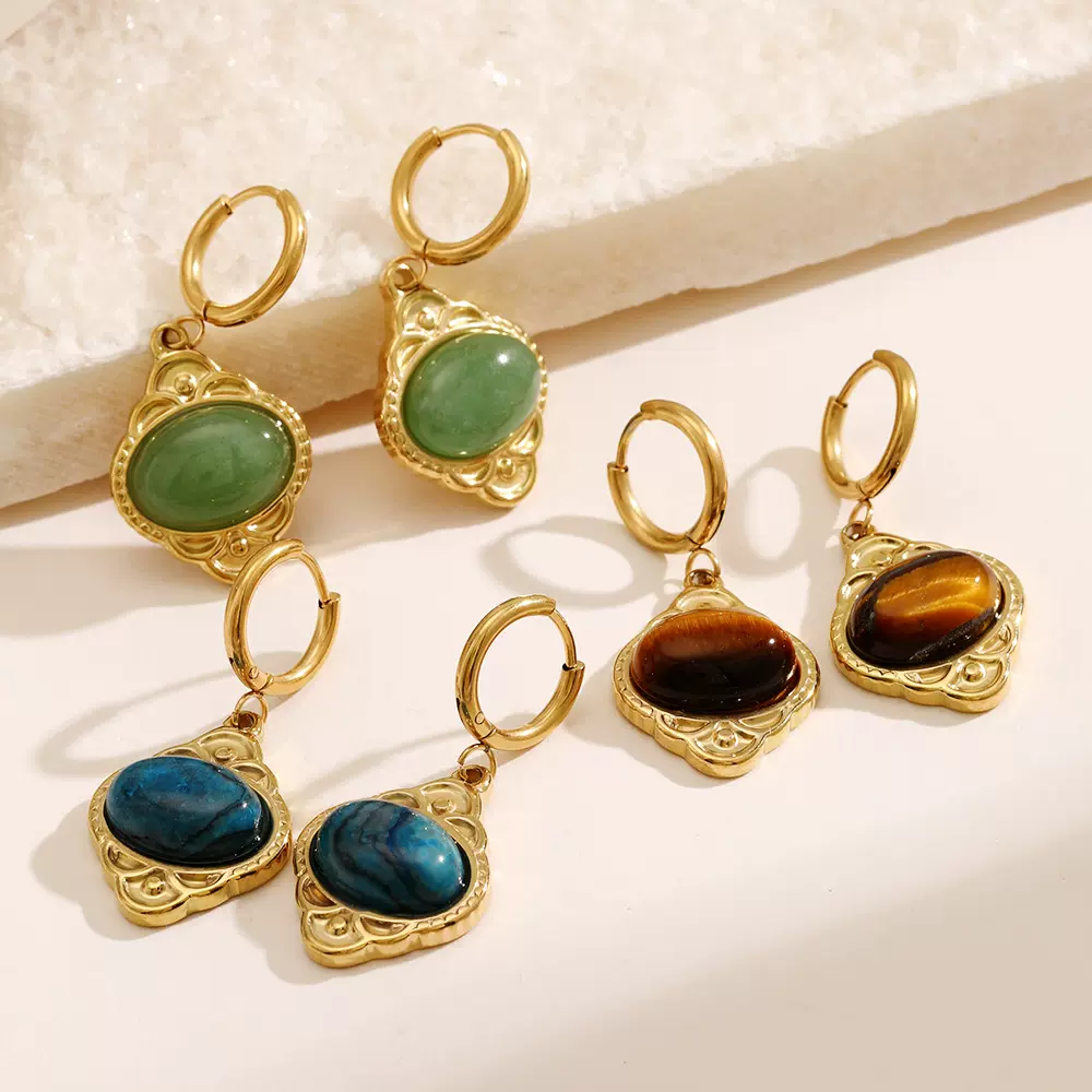 欧美跨境新品不锈钢钛钢椭圆虎眼石小吊坠耳环电镀金耳坠现货批发