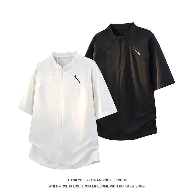 Half-Zip Embroidered Ice Silk Short-Sleeved T-Shirt for Men, Summer Outdoor Sports and Fitness Half-Sleeved Quick-Drying Sun Protection and Moisture-Absorbing Top