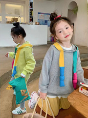 童裝女童2023春季新款撞色連帽衛衣女寶寶韓版洋氣寬鬆舒適上衣潮