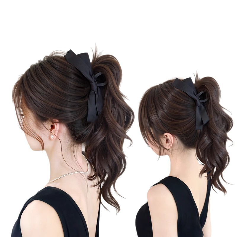 ウィッグブレード、女性用ヘアクリップ、蝶結び、微カール、ハイポニーテール、ロングヘアアクセサリー、自然な人工ウィッグブレード、ヘアクリップデザイン|undefined