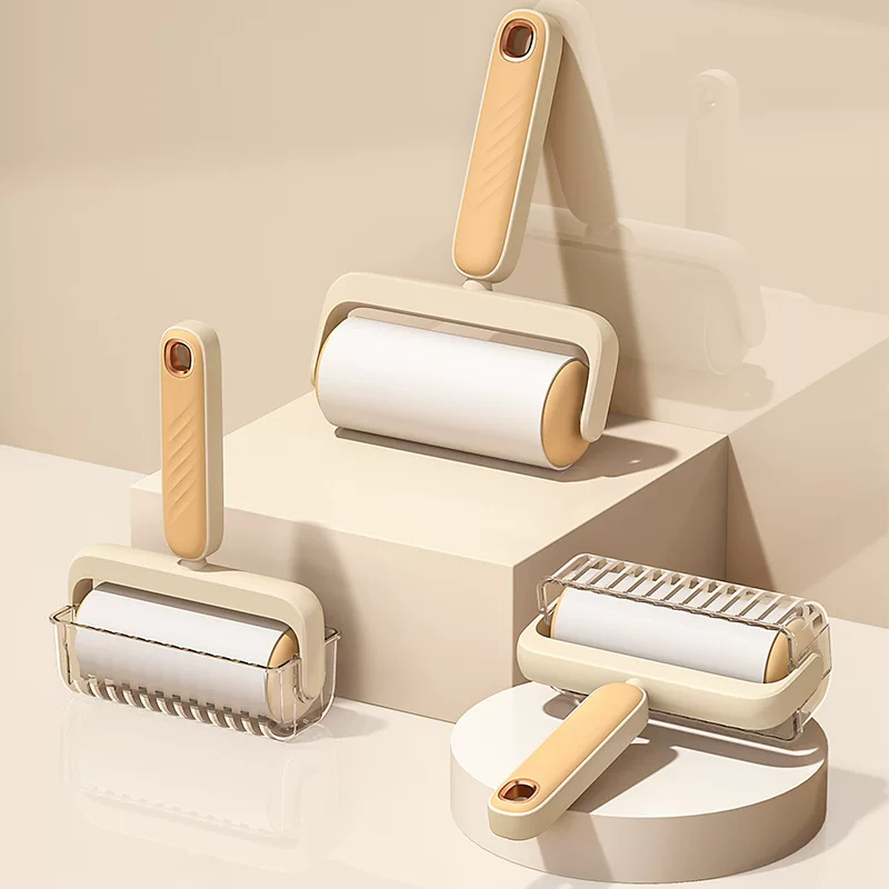 Adhesive lint roller, replaceable sticky rolls, pocket & desktop versions, ergonomic handle