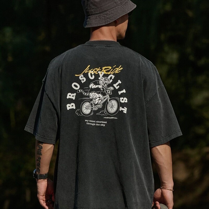 Japanese-Style Vintage Loose-Fitting Washed and Distressed Tiger Bicycle Heavy Cotton Unisex Short-Sleeve Shirt, Stylish and Unique