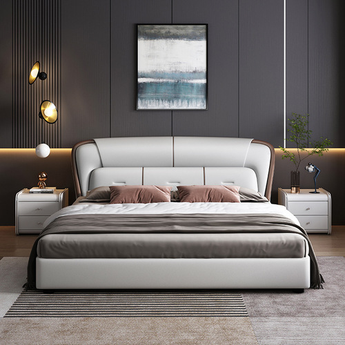 Nordic minimalist leather bed, technology fabric, soft-covered fabric bed, double bed, master bedroom, wedding bed, light luxury, edge-to-edge high box storage bed