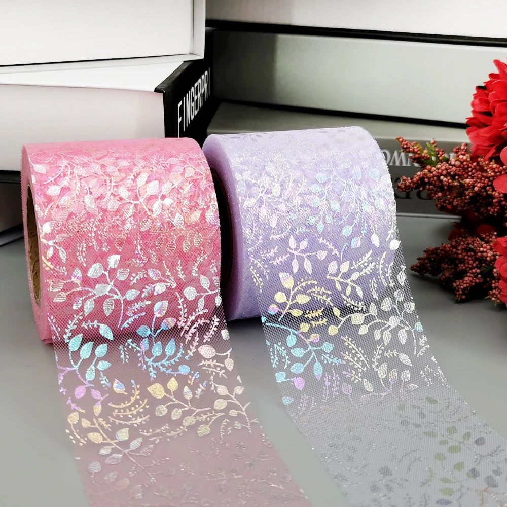 6cm 25yards Tulle Rolls Iridescent Flower Vine Gauze Mesh Or