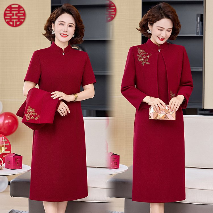Wedding Red Outfit for Mother-In-Law, Women's Stand-Collar Embroidered Jacket and Dress, Plus-Size Elegant Two-Piece Set