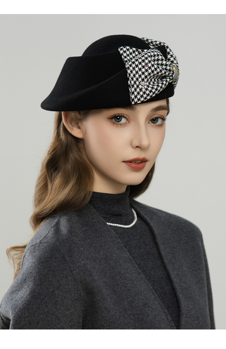 Mũ beret len nữ vành lật kẻ caro nơ phong cách Anh quốc ấm áp — đen chi tiết 6