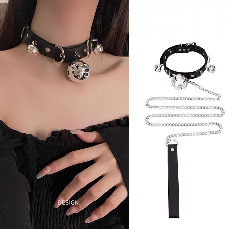 Big Bell Choker collar PU leather clavicle neck ring Harajuku girl cute maid hot girl pure desire traction chain