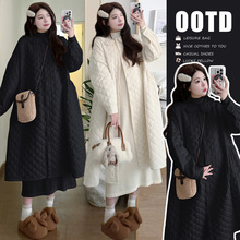 孕妇装秋冬新款娃娃领菱格夹棉轻薄长款棉服+打底连衣裙甜美套装