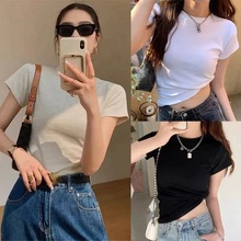 批发外贸韩版夏季短袖t恤女修身圆领纯色百搭打底衫纯欲上衣