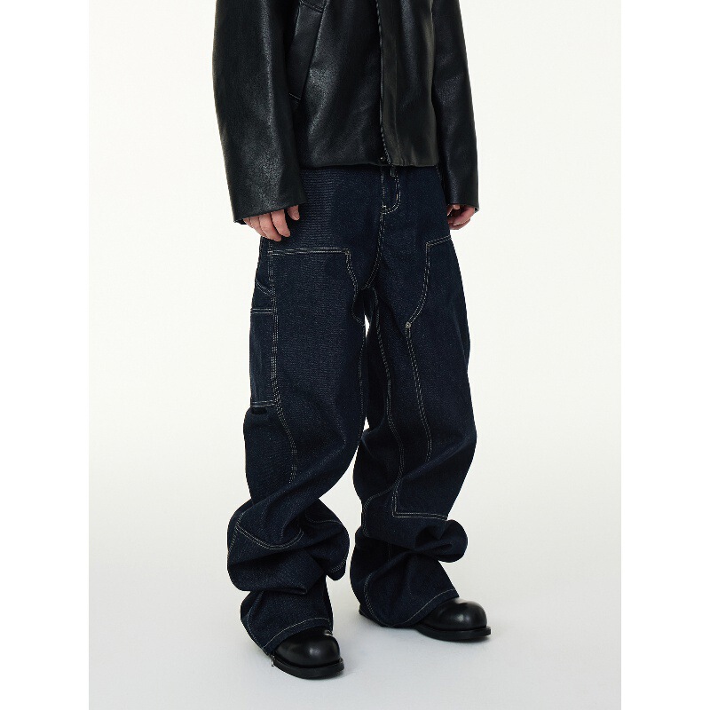 2025 Original Pure Denim Double-Knee Spliced Stiff Lumberjack Workwear Loose Jeans