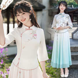 好质量中式国风夏季棉麻短袖绣花立领修身复古文艺茶服上衣套