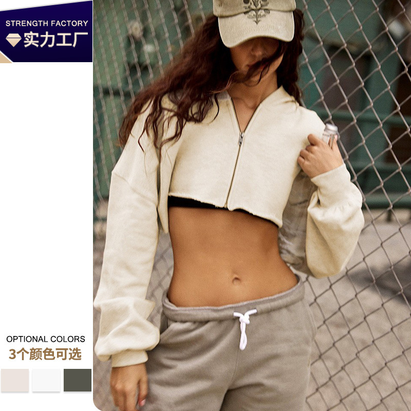 Foreign Trade Specializes in Short Hooded Zipper Sweatshirts, European and American Sports Style Jackets, Women's Autumn and Winter Navel-Baring Solid Color Tops in Stock