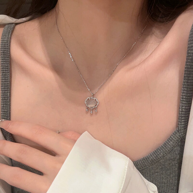 2024 New Style White Chalcedony Peace Lock Necklace Women's Clavicle Chain Light Luxury Niche Jewelry High-end Birthday Gift