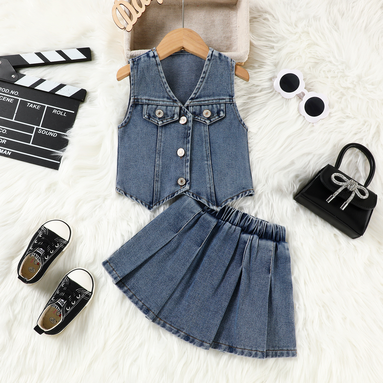 European and American Cross-Border Children's Clothing Girls Summer Denim Vest Vest Top Pleated Skirt Two-Piece Suit for Small and Medium-Sized Children