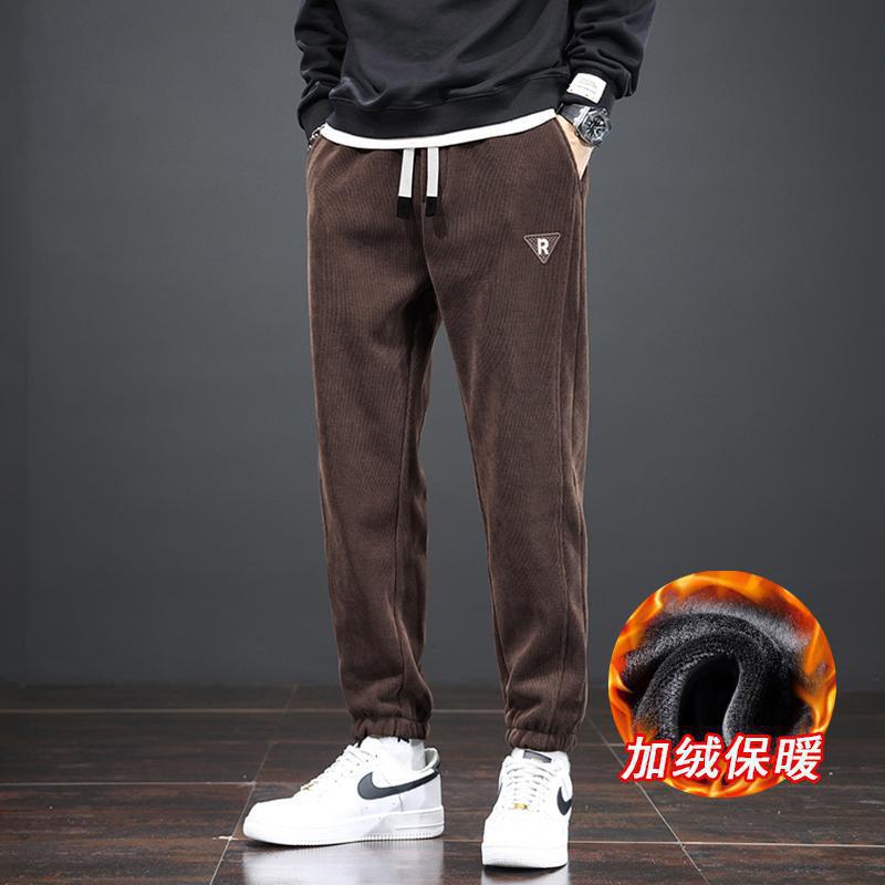 Pantalones casuales de hombre otoño y invierno sueltos de tamaño grande y pantalones largos de lana coreanos de moda juvenil pantalones deportivos de correa