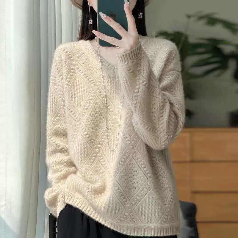 新款V领100纯羊毛衫镂空加厚长袖打底衫宽松上衣2024秋冬装毛衣女